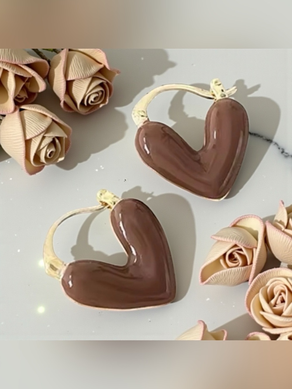 🤎Gold-Plated Brown Heart Hoop Earrings/NIP🤎